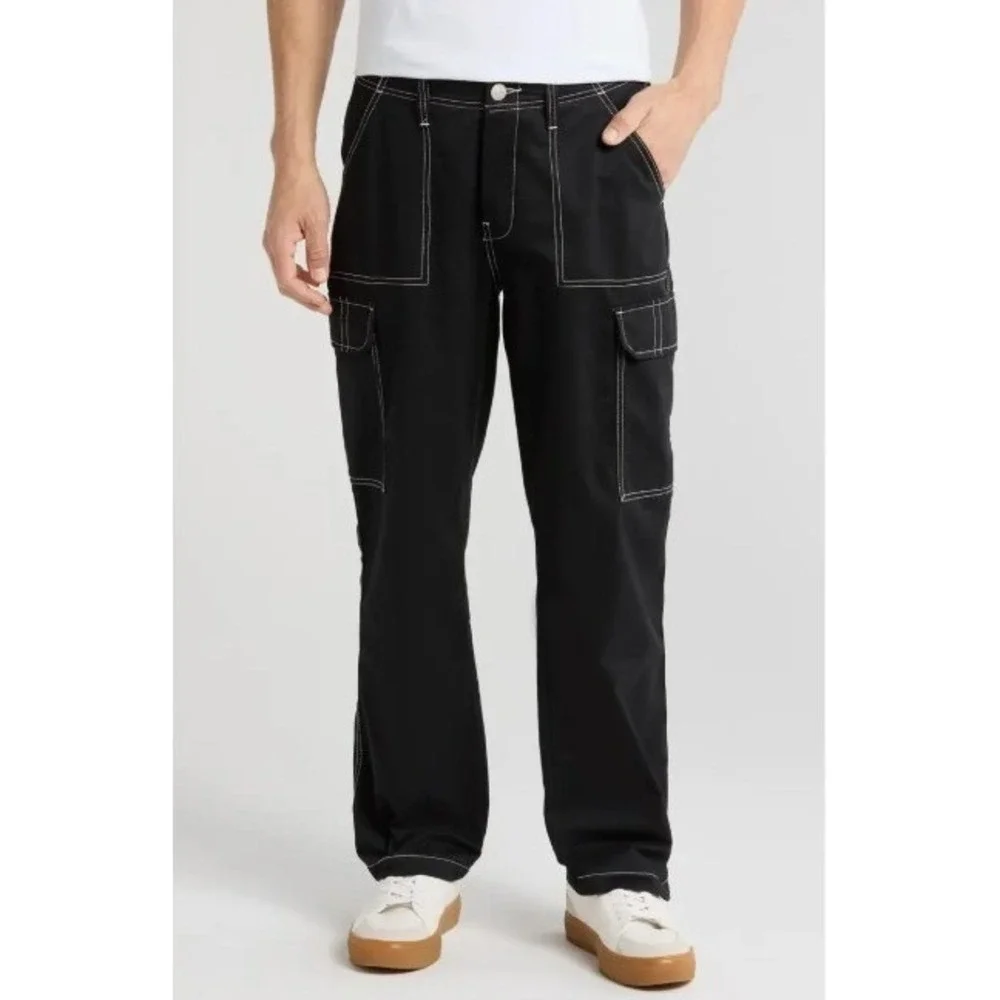 NWT True Religion Bobby Baggy Cargo Pants Mens 34 Black Contrast Stitch 700248